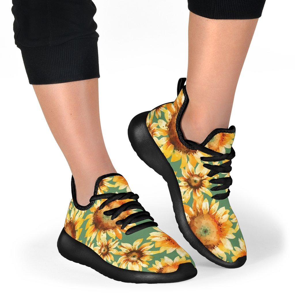 Sage Watercolor Sunflower Pattern Print Mesh Knit Shoes GearFrost