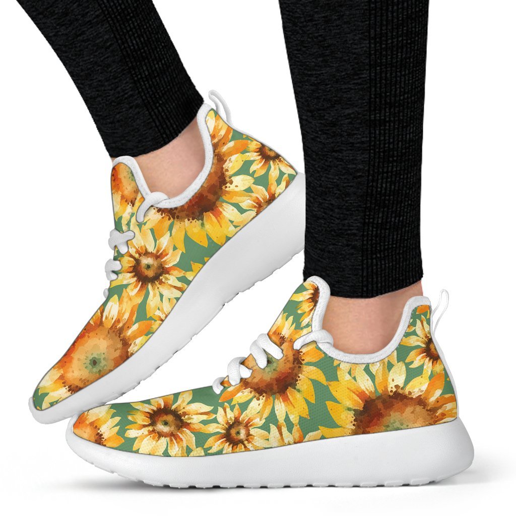 Sage Watercolor Sunflower Pattern Print Mesh Knit Shoes GearFrost