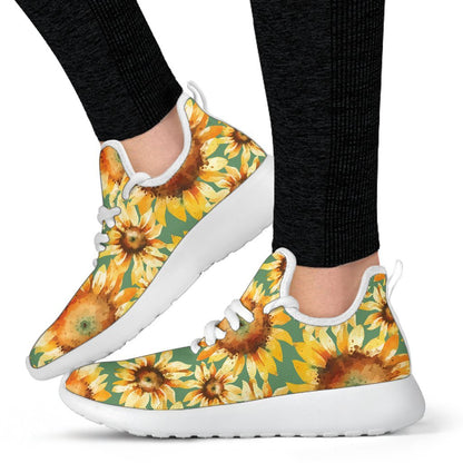 Sage Watercolor Sunflower Pattern Print Mesh Knit Shoes GearFrost