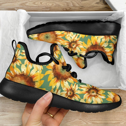 Sage Watercolor Sunflower Pattern Print Mesh Knit Shoes GearFrost