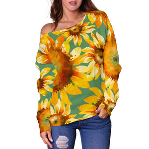 Sage Watercolor Sunflower Pattern Print Off Shoulder Sweatshirt GearFrost