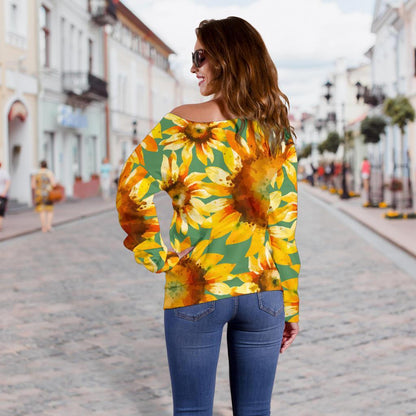 Sage Watercolor Sunflower Pattern Print Off Shoulder Sweatshirt GearFrost