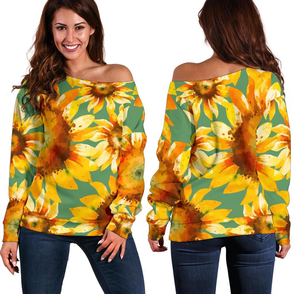Sage Watercolor Sunflower Pattern Print Off Shoulder Sweatshirt GearFrost
