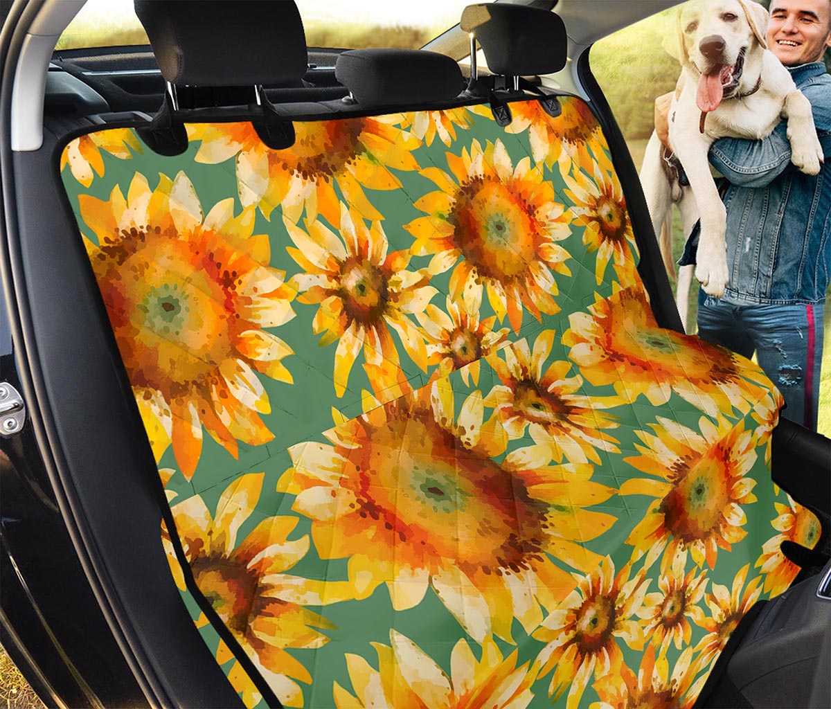 Sage Watercolor Sunflower Pattern Print Pet Car Back Seat Cover