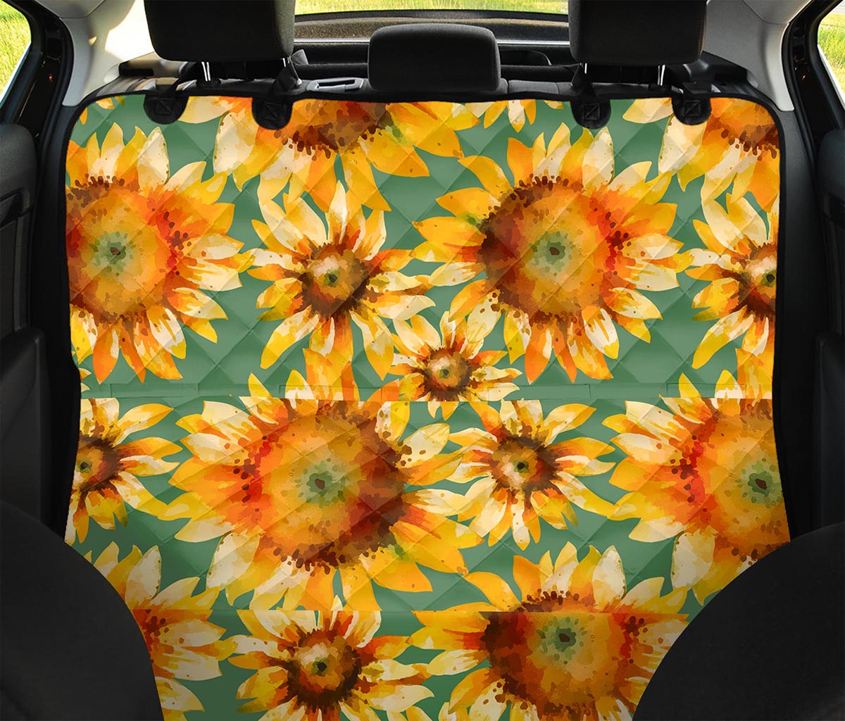 Sage Watercolor Sunflower Pattern Print Pet Car Back Seat Cover