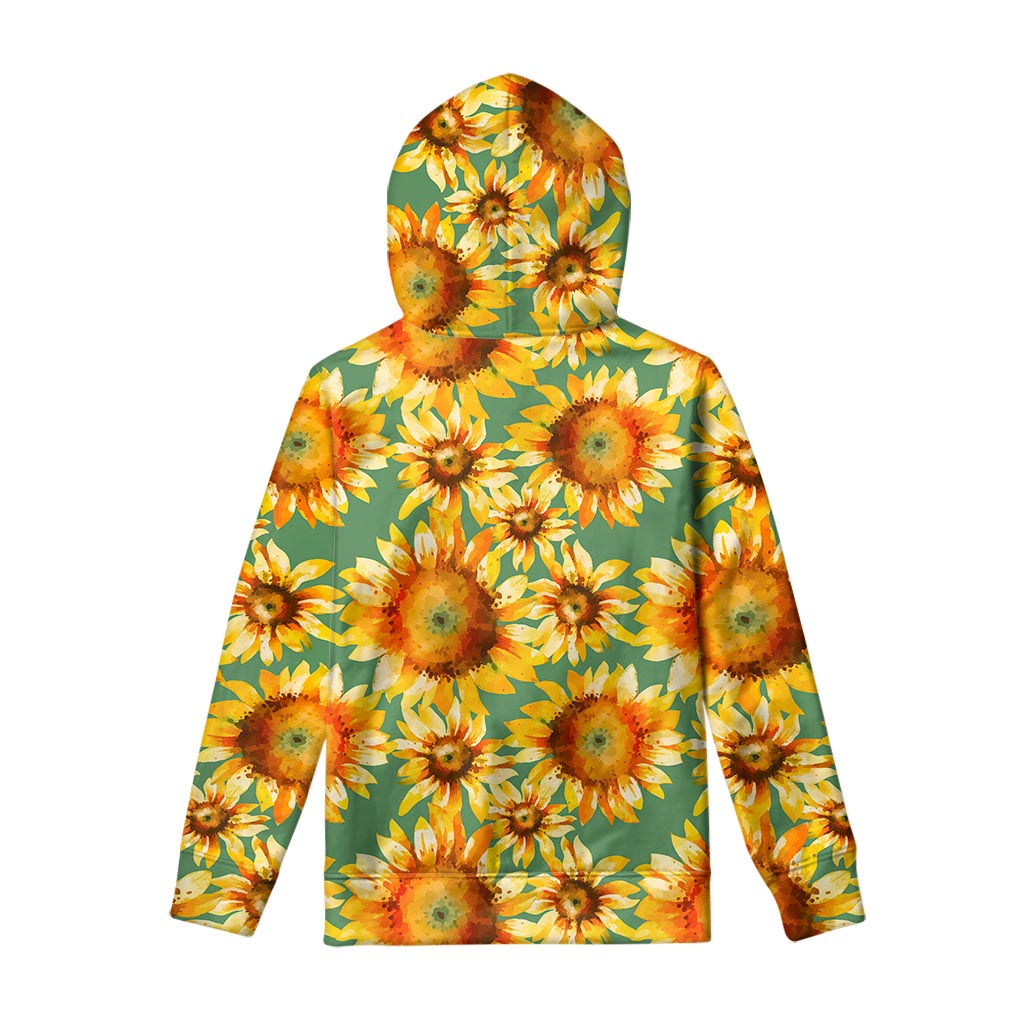 Sage Watercolor Sunflower Pattern Print Pullover Hoodie
