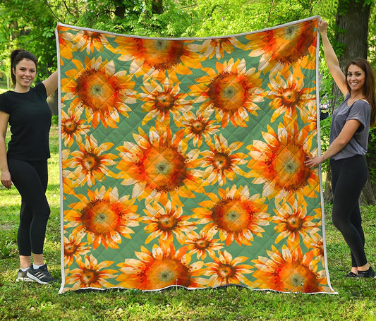 Sage Watercolor Sunflower Pattern Print Quilt