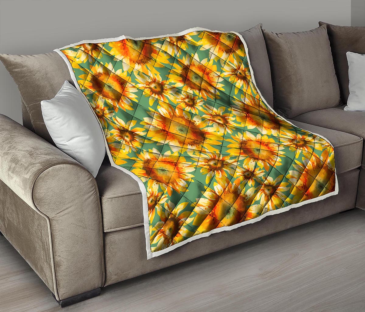 Sage Watercolor Sunflower Pattern Print Quilt