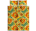 Sage Watercolor Sunflower Pattern Print Quilt Bed Set