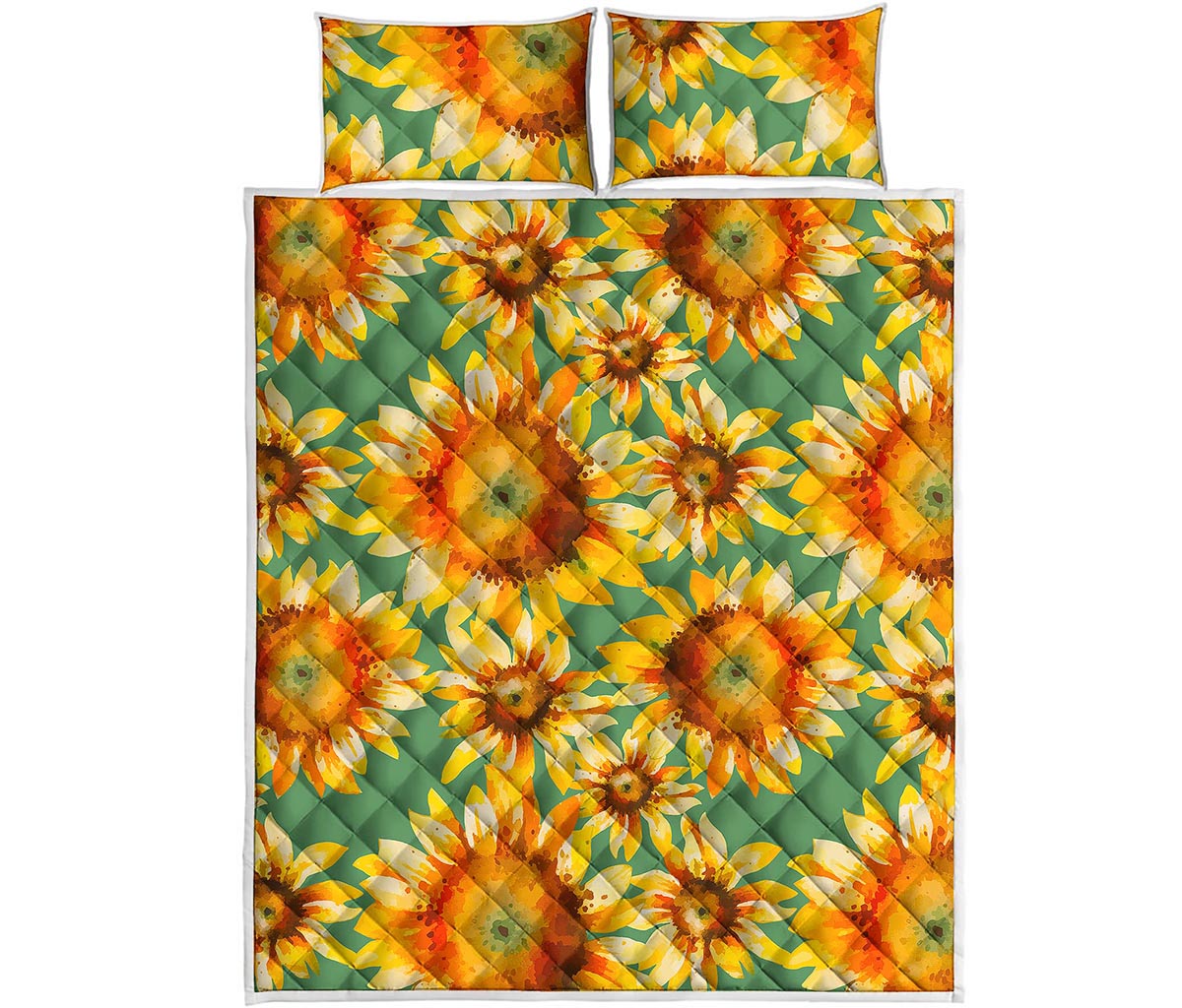 Sage Watercolor Sunflower Pattern Print Quilt Bed Set