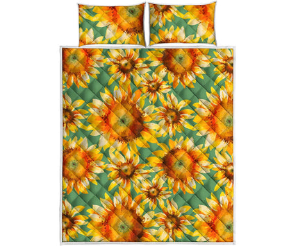 Sage Watercolor Sunflower Pattern Print Quilt Bed Set