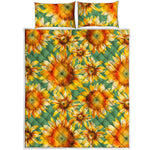 Sage Watercolor Sunflower Pattern Print Quilt Bed Set