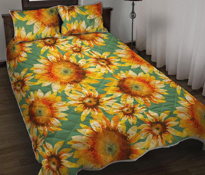 Sage Watercolor Sunflower Pattern Print Quilt Bed Set