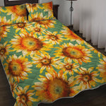 Sage Watercolor Sunflower Pattern Print Quilt Bed Set