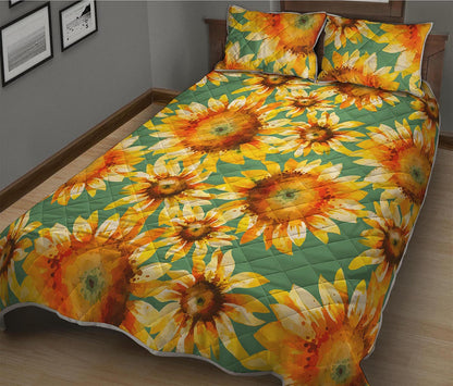 Sage Watercolor Sunflower Pattern Print Quilt Bed Set