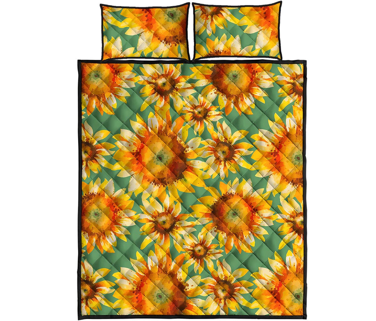Sage Watercolor Sunflower Pattern Print Quilt Bed Set