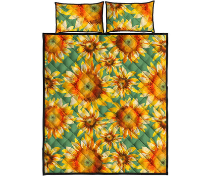 Sage Watercolor Sunflower Pattern Print Quilt Bed Set
