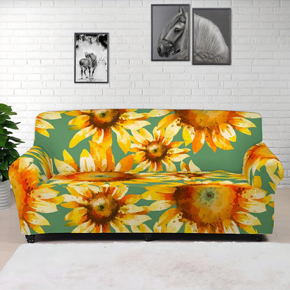 Sage Watercolor Sunflower Pattern Print Sofa Cover