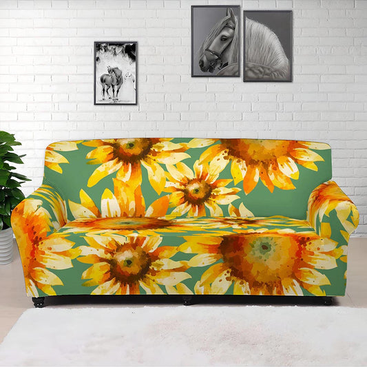 Sage Watercolor Sunflower Pattern Print Sofa Cover
