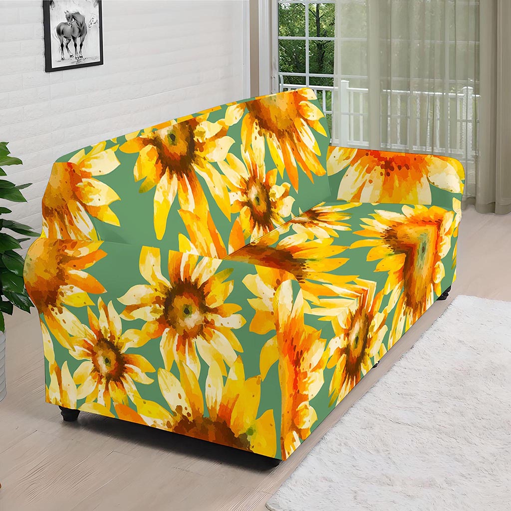 Sage Watercolor Sunflower Pattern Print Sofa Cover