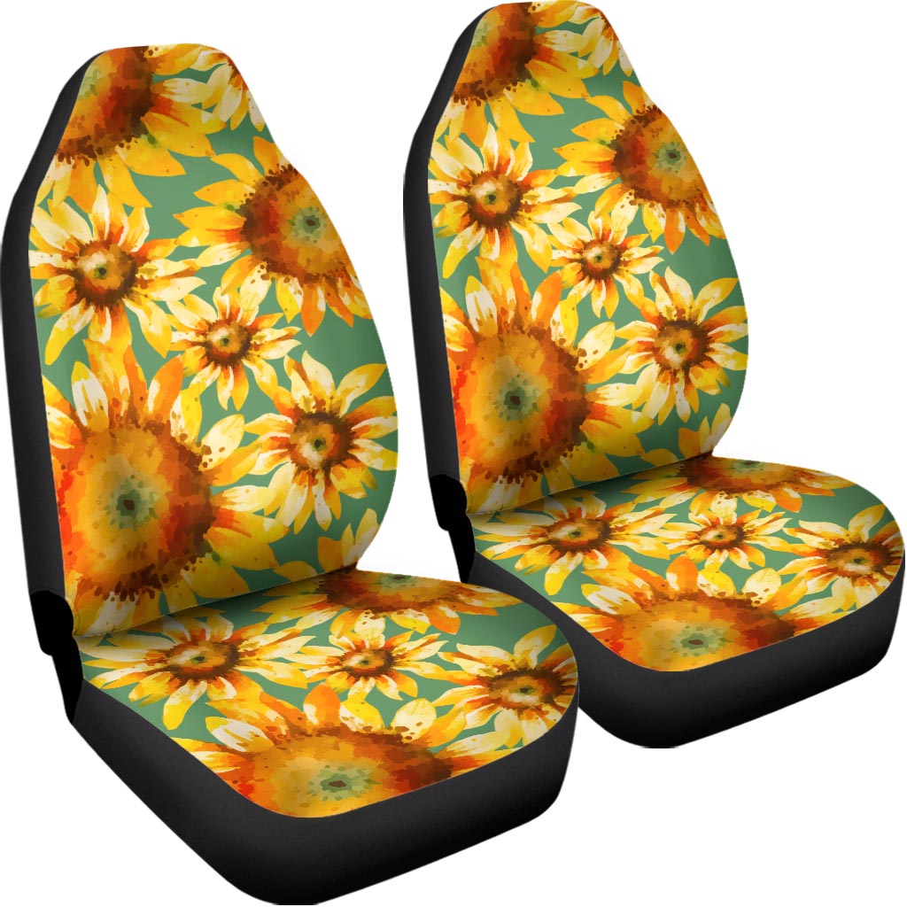 Sage Watercolor Sunflower Pattern Print Universal Fit Car Seat Covers