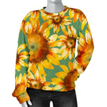 Sage Watercolor Sunflower Pattern Print Women's Crewneck Sweatshirt GearFrost