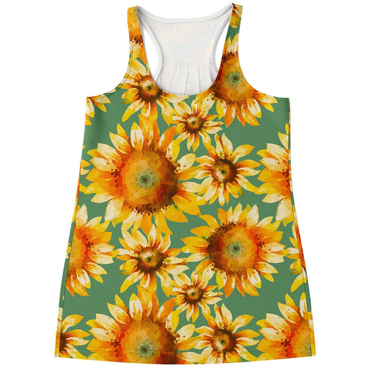 Sage Watercolor Sunflower Pattern Print Women's Racerback Tank Top