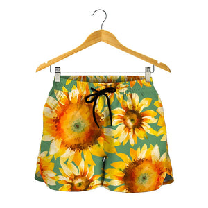 Sage Watercolor Sunflower Pattern Print Women's Shorts