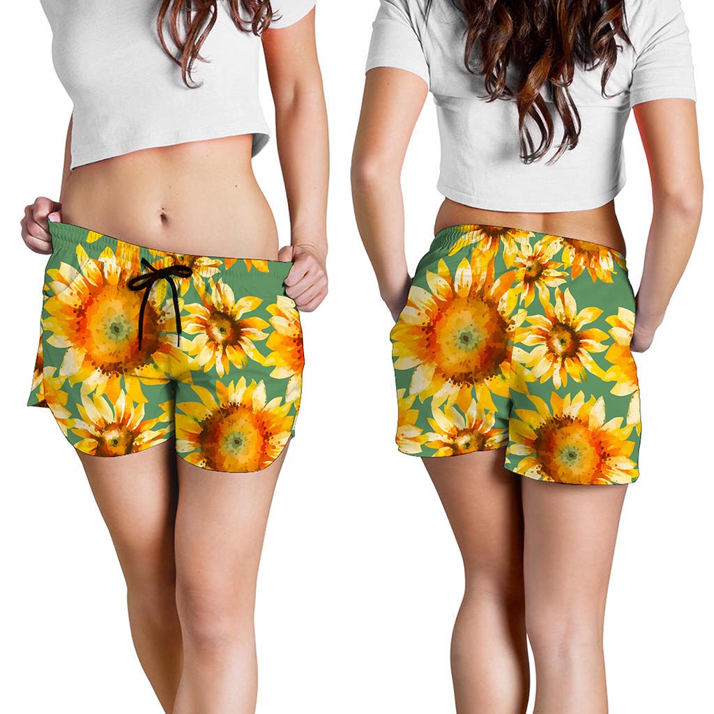 Sage Watercolor Sunflower Pattern Print Women's Shorts