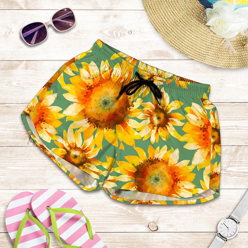 Sage Watercolor Sunflower Pattern Print Women's Shorts