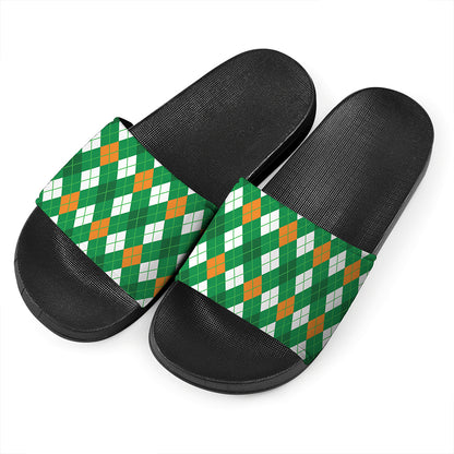 Saint Patrick's Day Argyle Pattern Print Black Slide Sandals