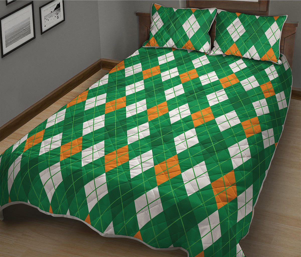 Saint Patrick's Day Argyle Pattern Print Quilt Bed Set