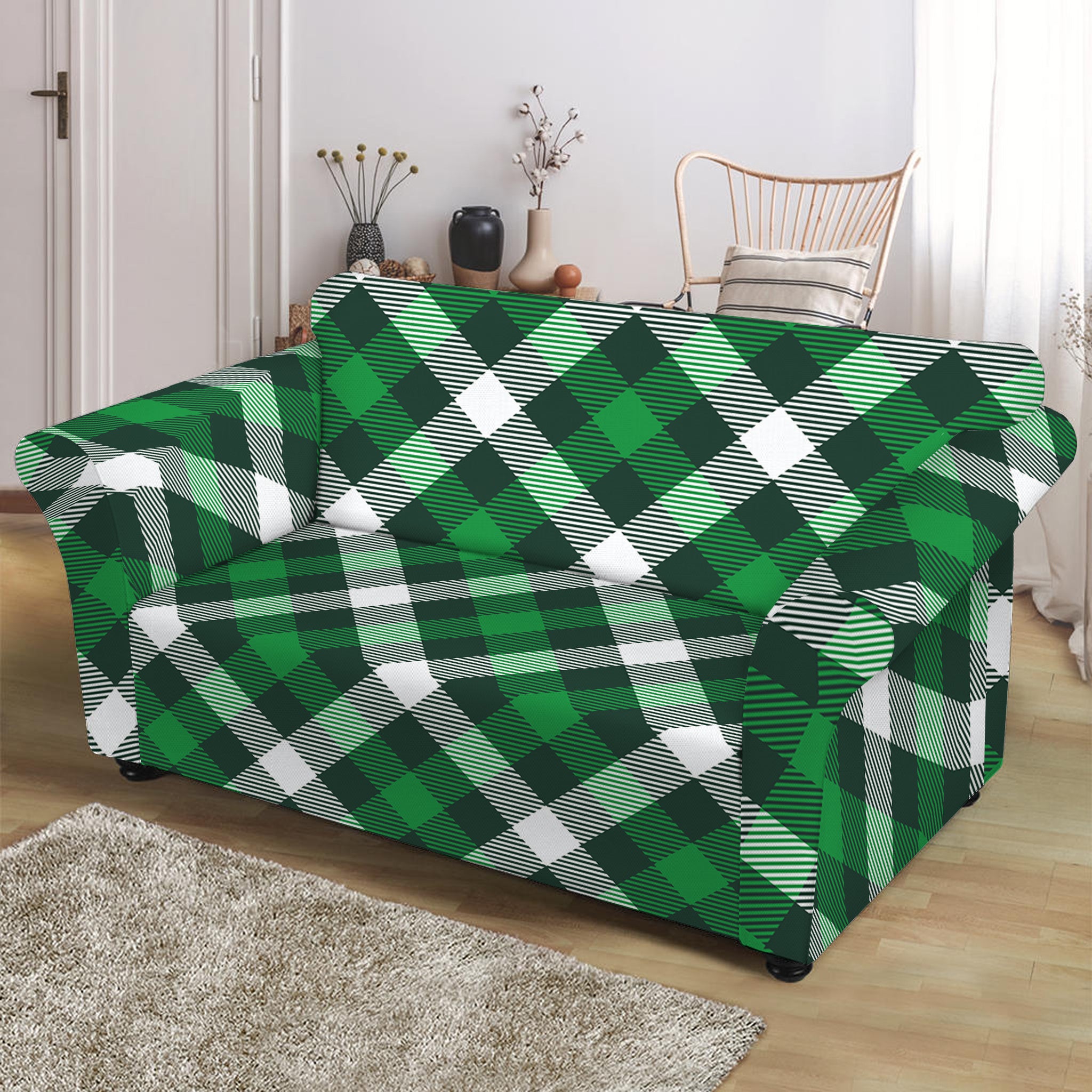 Saint Patrick's Day Plaid Pattern Print Loveseat Slipcover