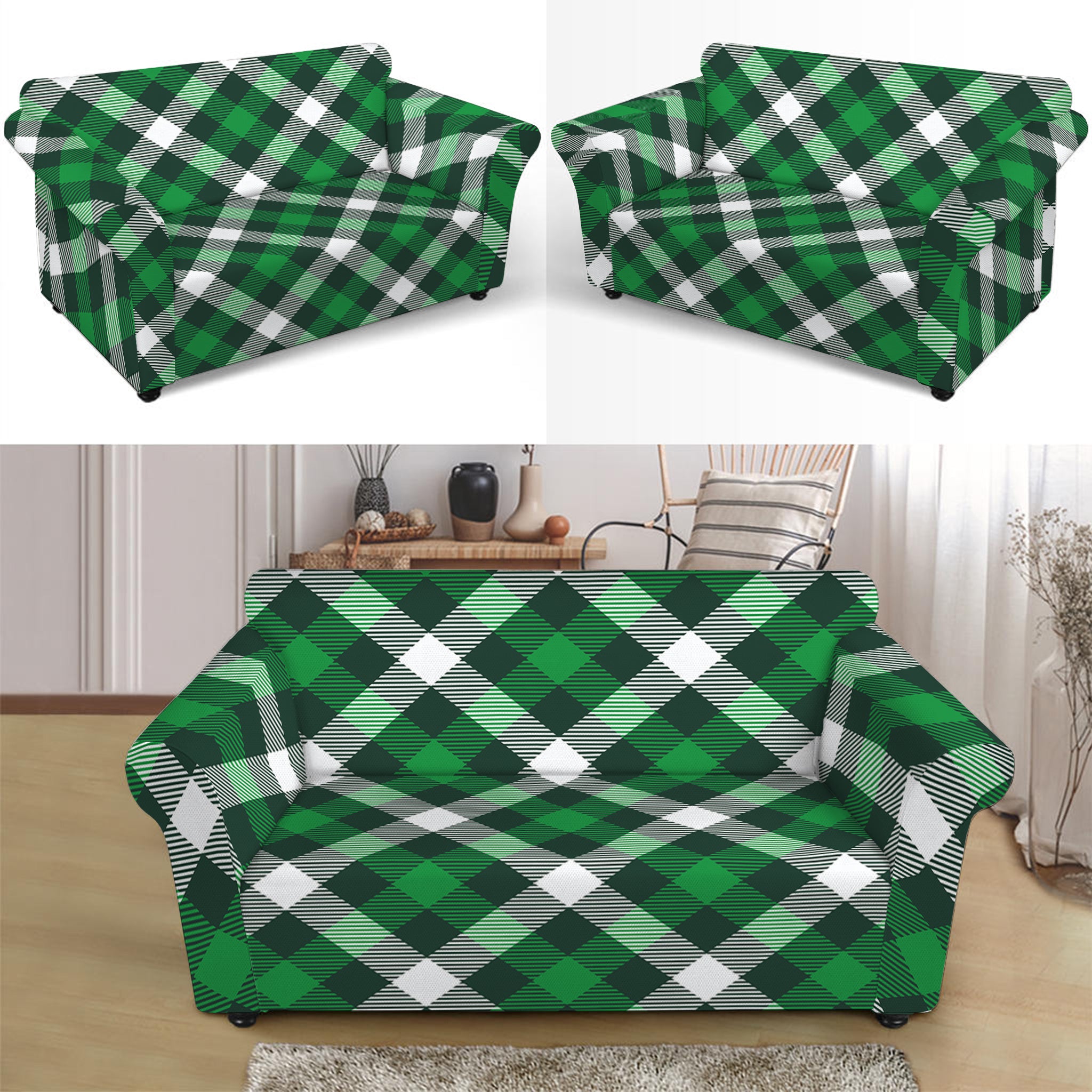 Saint Patrick's Day Plaid Pattern Print Loveseat Slipcover