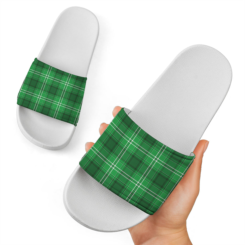 Saint Patrick's Day Tartan Print White Slide Sandals