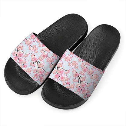 Sakura Flower Cherry Blossom Print Black Slide Sandals
