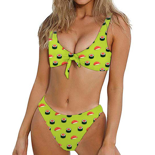 Salmon Sushi And Rolls Pattern Print Front Bow Tie Bikini