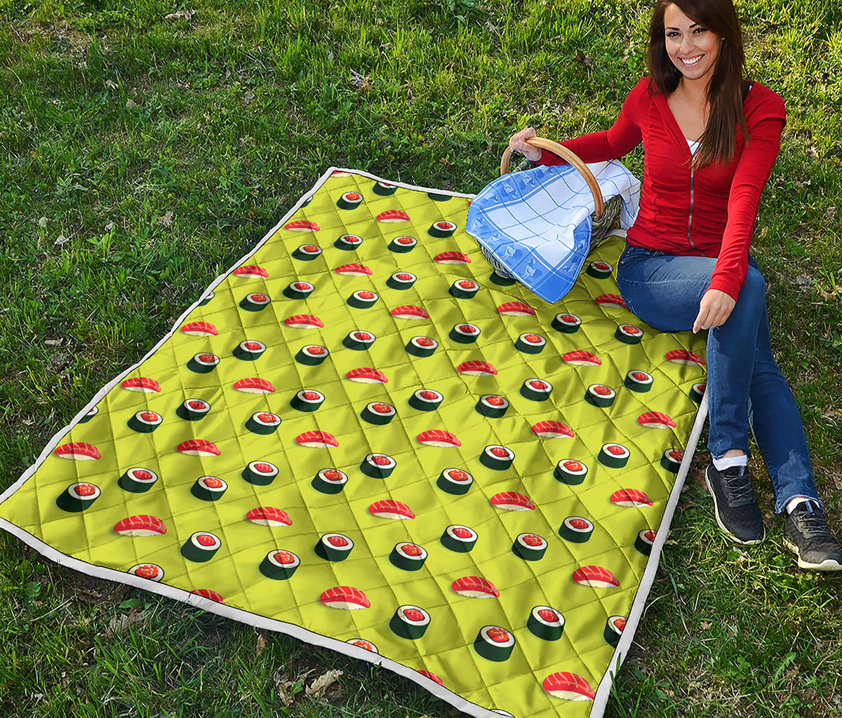 Salmon Sushi And Rolls Pattern Print Quilt
