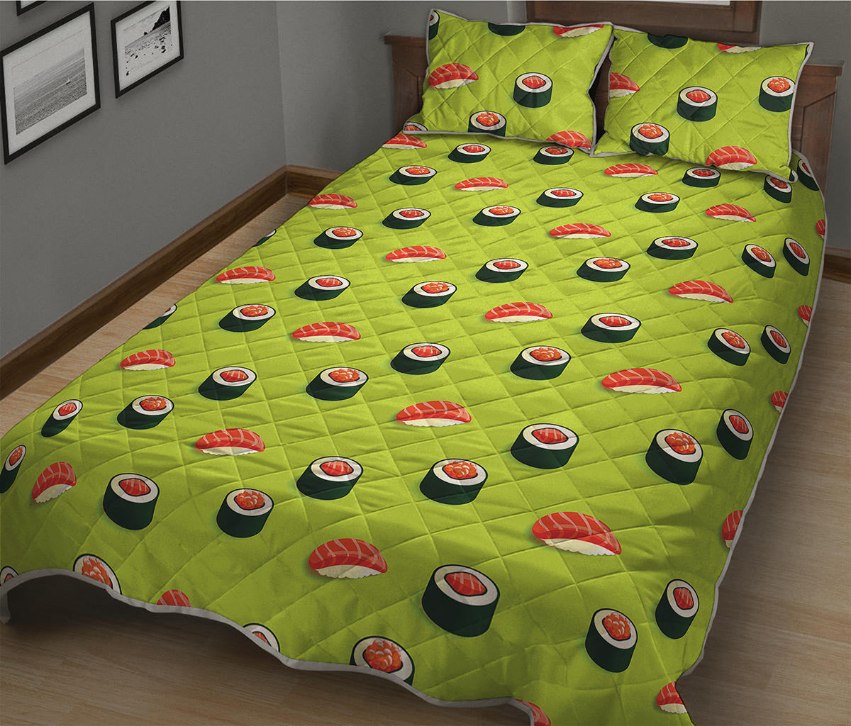 Salmon Sushi And Rolls Pattern Print Quilt Bed Set