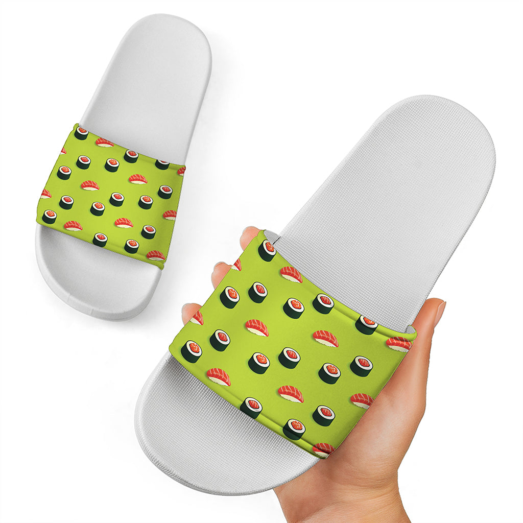 Salmon Sushi And Rolls Pattern Print White Slide Sandals