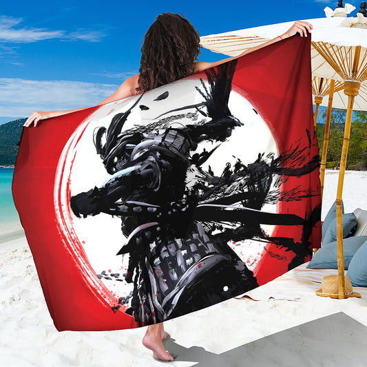 Samurai And Crow Print Beach Sarong Wrap