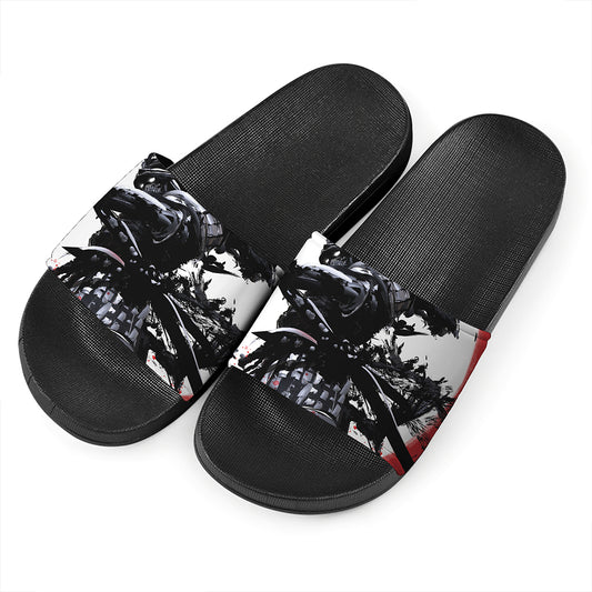 Samurai And Crow Print Black Slide Sandals