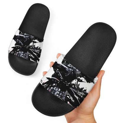 Samurai And Crow Print Black Slide Sandals