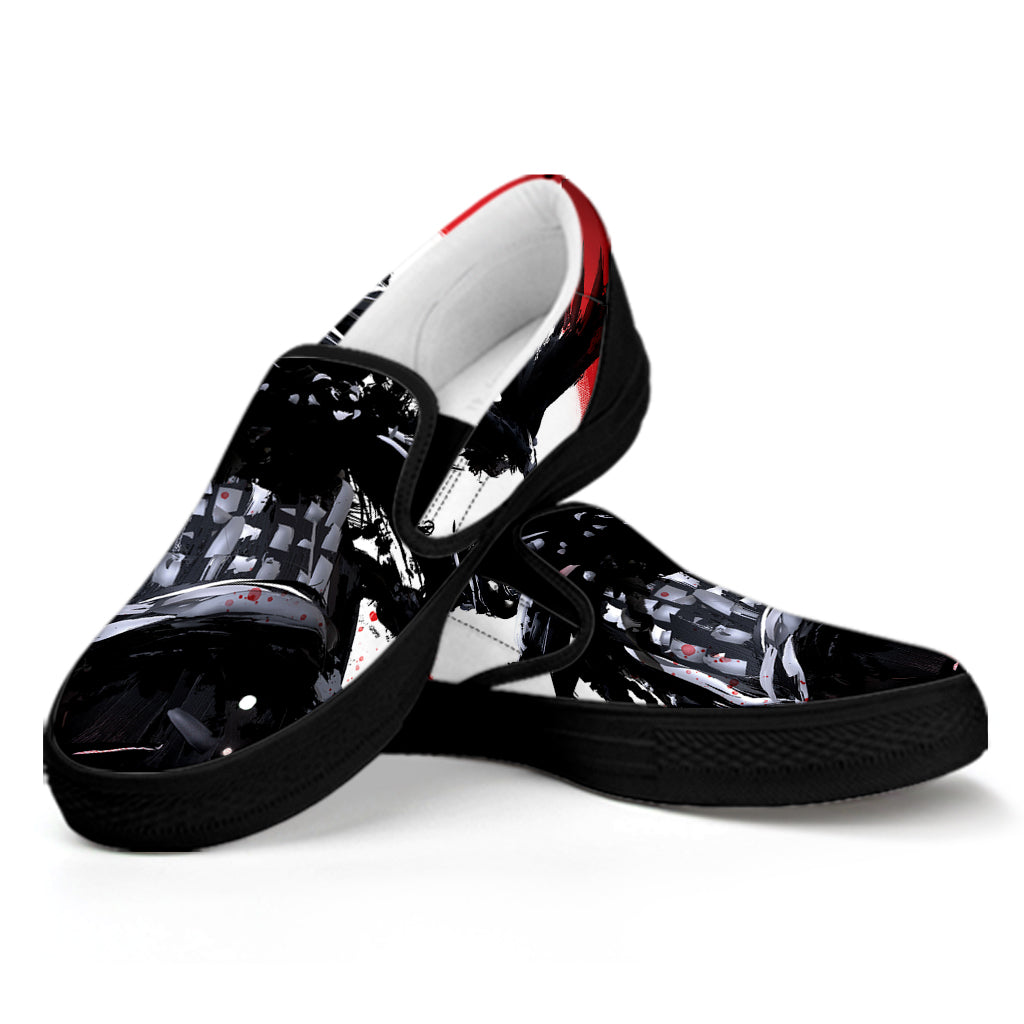 Samurai And Crow Print Black Slip On Shoes