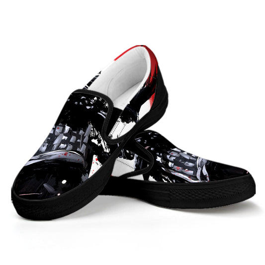 Samurai And Crow Print Black Slip On Shoes