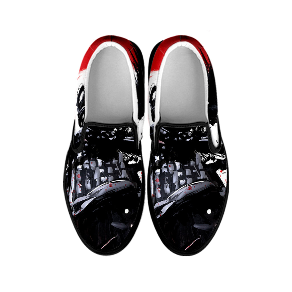 Samurai And Crow Print Black Slip On Shoes