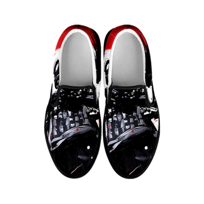 Samurai And Crow Print Black Slip On Shoes