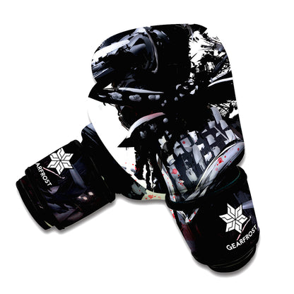 Samurai And Crow Print Boxing Gloves