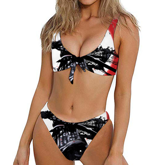 Samurai And Crow Print Front Bow Tie Bikini