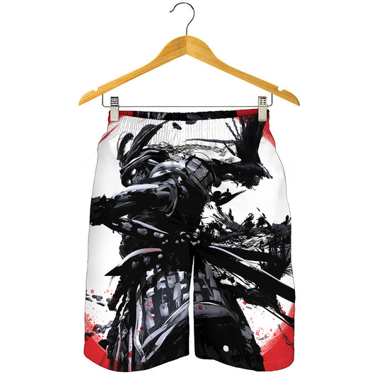 Samurai And Crow Print Men's Shorts
